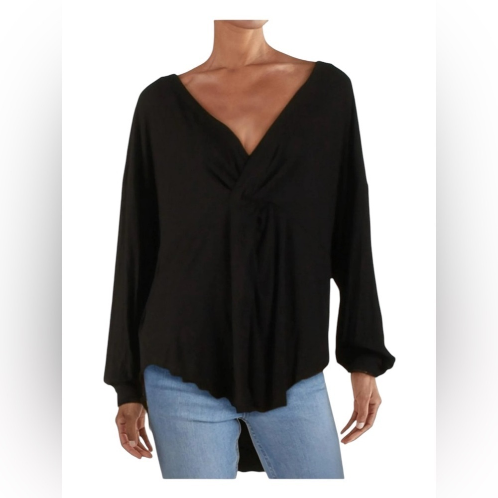 Free People Faux Wrap High Low Long Sleeve Blouse Top,‎ Black, Size M